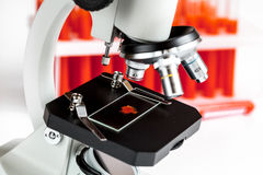 chiuda-sul-macro-microscopio-con-il-campione-di-sangue-su-fondo-bianco-80224913